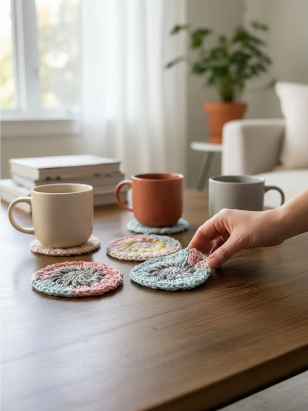 Hand Crafted Pastel Crochet Round Coasters in Pink, Blue, Gray, Cream